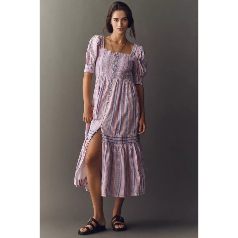 ModubaBy Anthropologie 페레그린 퍼프 슬리브 미디 드레스
