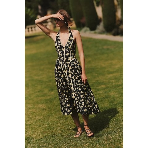 ModubaBy Anthropologie 홀터 브이넥 핏앤플레어 미디 원피스