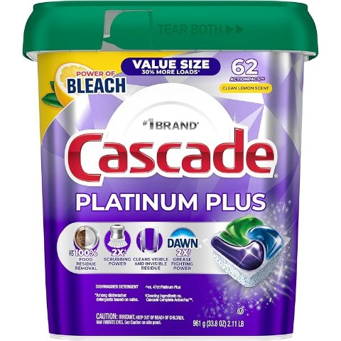 ModubaCascade 플래티넘 플러스 식기세척기 세제 포드 클린 레몬향 62개입