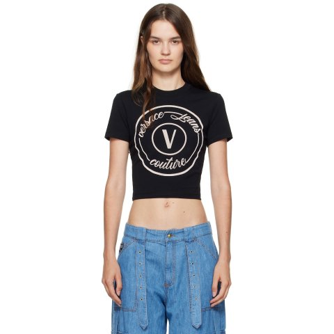 ModubaVersace Jeans Couture 블랙 V-엠블럼 슬림핏 티셔츠