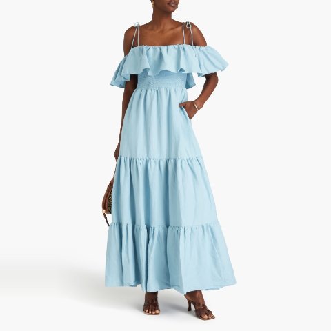 ModubaALICE + OLIVIA Kia 콜드숄더 티어드 린넨 블렌드 맥시 드레스