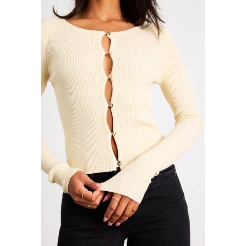 ModubaCream Ribbed Knit Top - Long Sleeve Cutout Top - Button-Front Top - Lulus