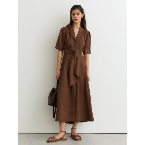 Moduba린넨 블렌드 반소매 벨티드 미디 드레스 러스트 오렌지