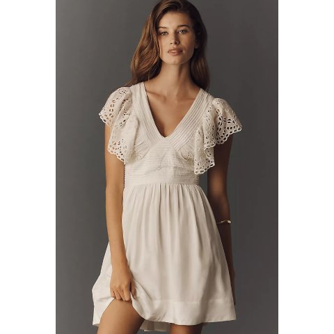 ModubaBy Anthropologie 아일렛 플러터 슬리브 브이넥 미니 드레스