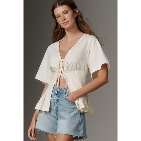 ModubaBy Anthropologie 허리 셔링 반팔 타이 프론트 티셔츠