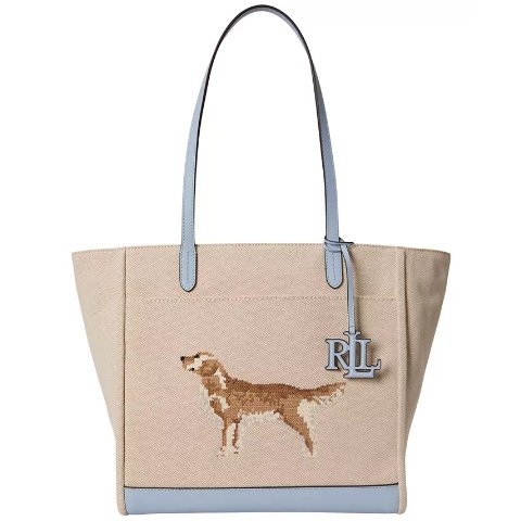 ModubaLauren Ralph Lauren 골든 리트리버 자수 카메린 엑스트라 라지 캔버스 토트백