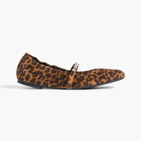 ModubaSTUART WEITZMAN 골디 크리스탈 장식 레오파드 프린트 스웨이드 메리제인 플랫슈즈