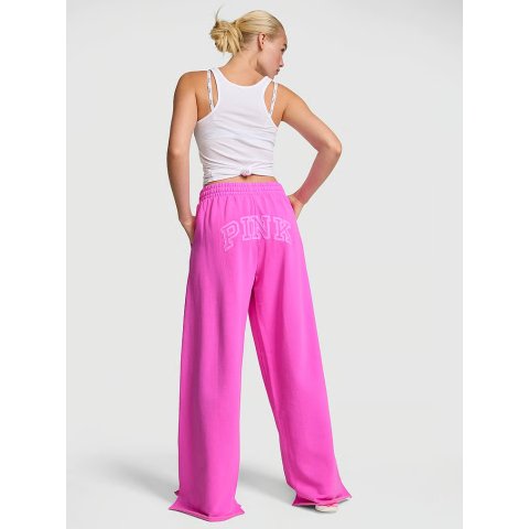 Moduba캠퍼스 플리스 와이드 레그 슬릿 밑단 스웨트팬츠 핑크 베리