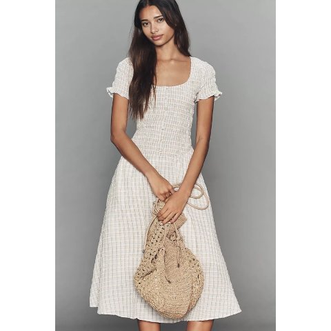 ModubaBy Anthropologie 숏슬리브 스모크드 미디 드레스