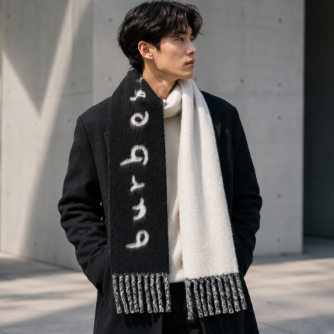 Burberry 로고 자카드 리버서블 알파카 울 블렌드 프린지 스카프