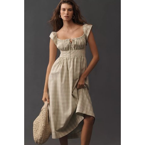 ModubaAnthropologie 플러터 슬리브 스퀘어넥 미디 원피스