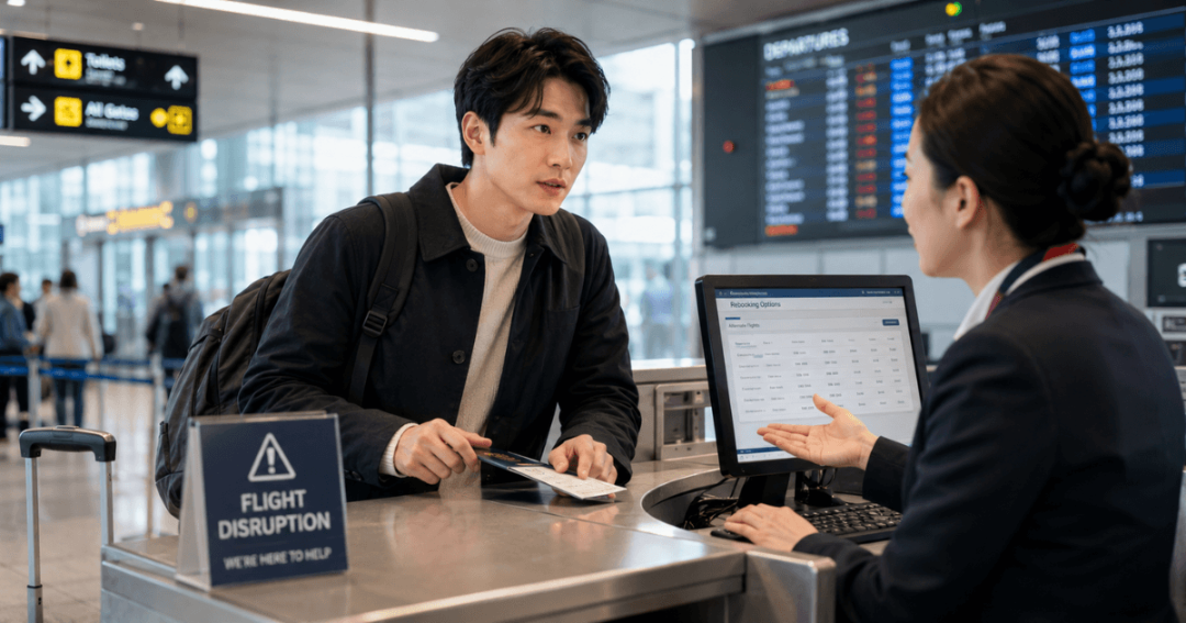 공항에서 항공편 결항 후 환불과 보상을 확인하는 여행자 이미지