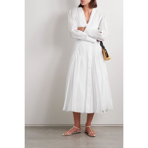 ModubaJIL SANDER 랩 스타일 핀턱 플리세 코튼 오간자 미디 드레스